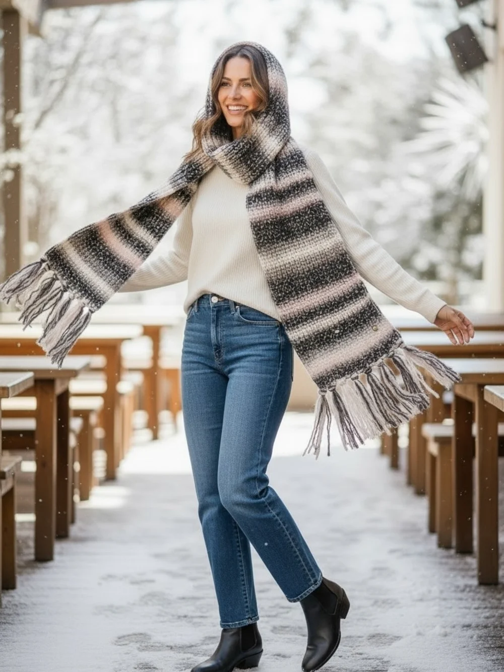 kate spade Striped Knit Scarf in Black, Cream & Pink